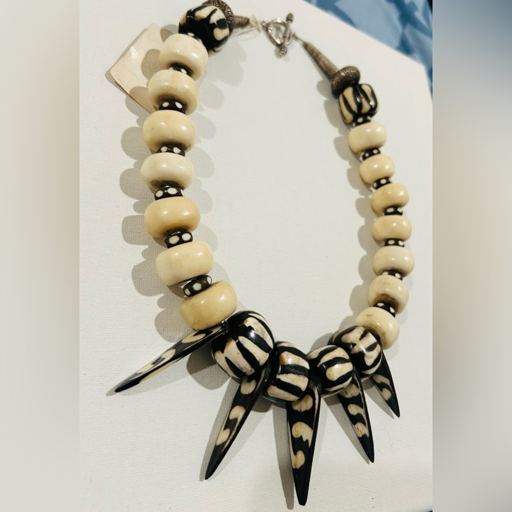 Elegant Tribal Black and Cream Bone Beaded Necklace